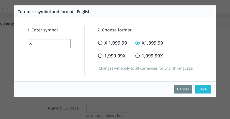 Customize currencies symbol and format