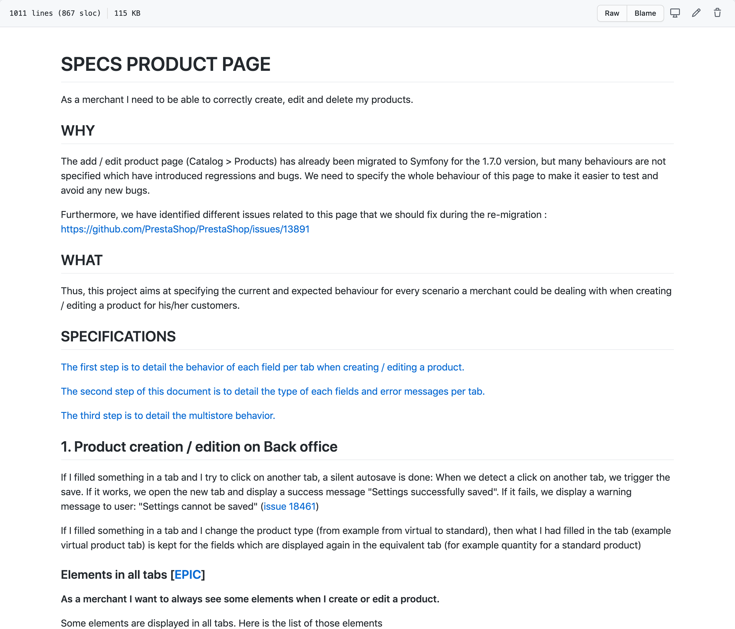 PrestaShop Product Page Specifications